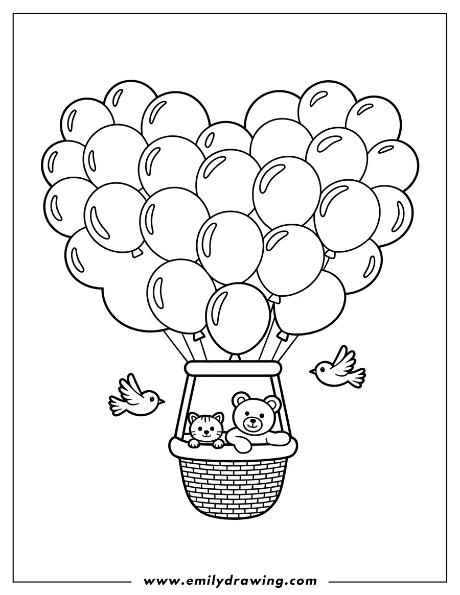 Outline of a cat and a teddy bear riding in a hot air balloon with heart-shaped balloons. Two birds fly near the basket.