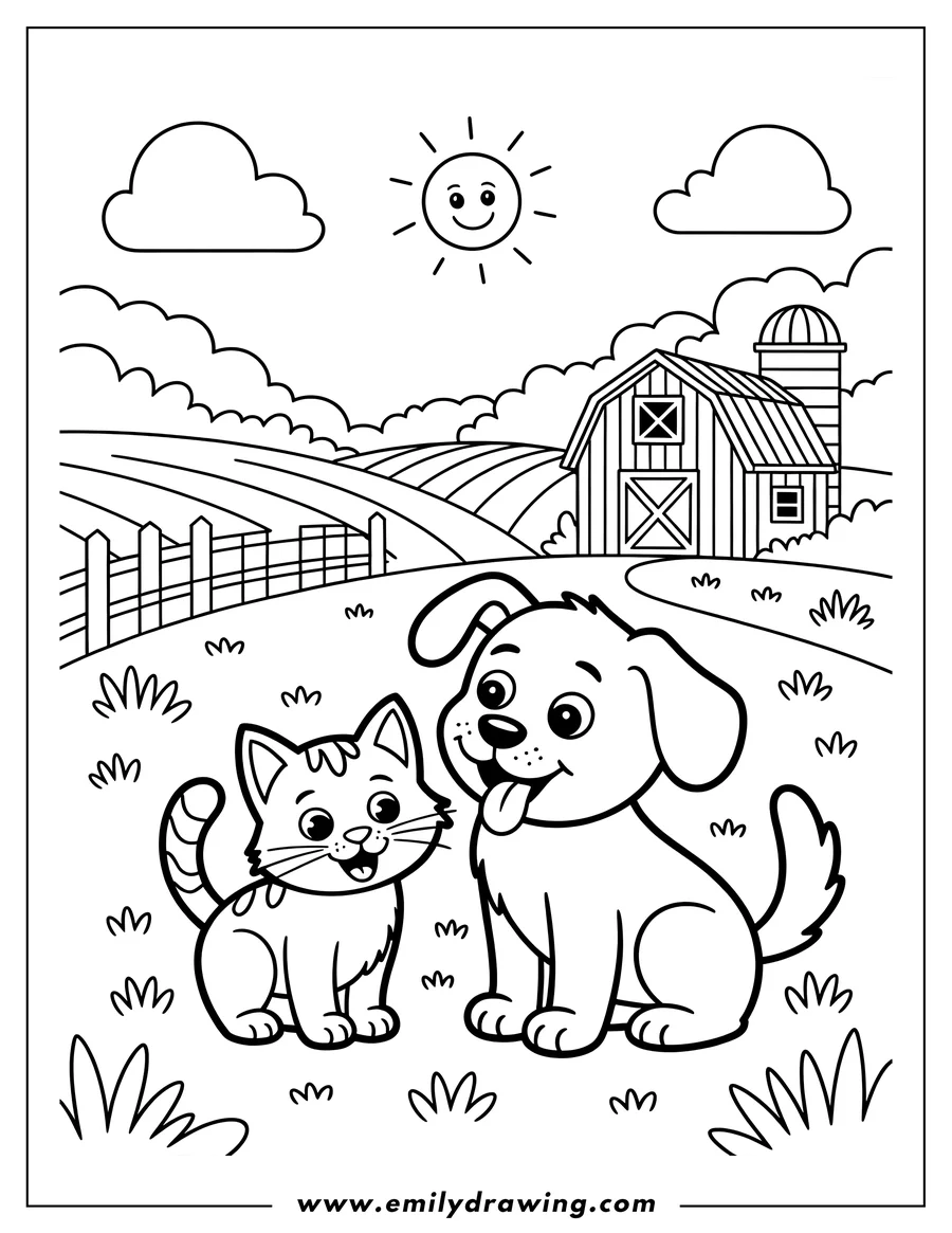Outline of a cat and a dog sitting in the grass on a farm, with a barn and silo in the background.