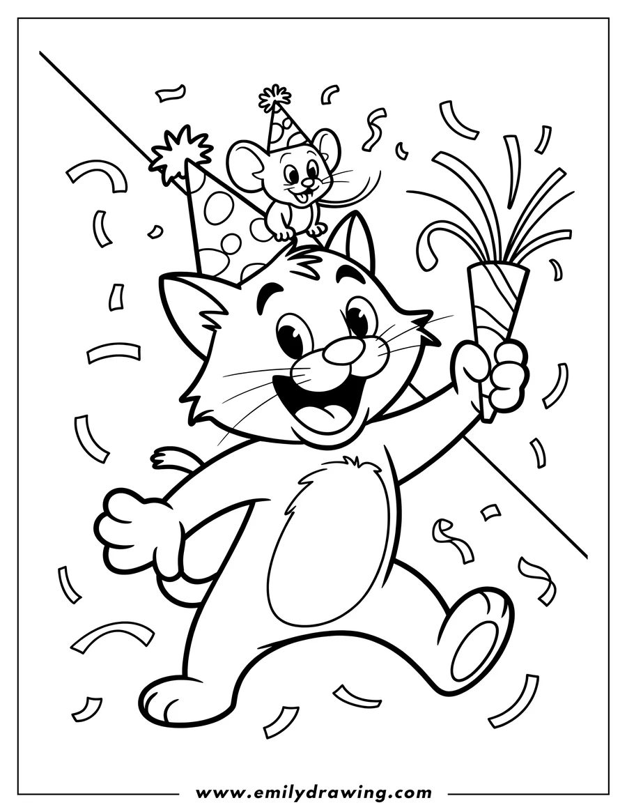 Line art of a cat and mouse celebrating. The cat is holding a party popper and the mouse is on his head.