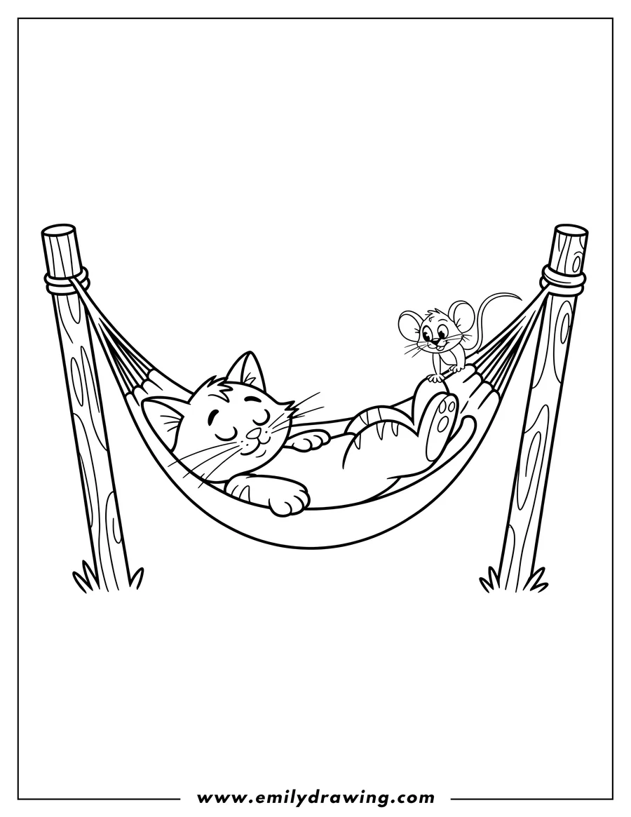 Outline of a cat sleeping in a hammock with a mouse perched near its feet.