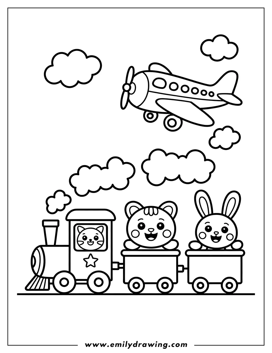 Line art of a cat driving a train with a bunny and bear riding in the carriages. An airplane flies overhead.