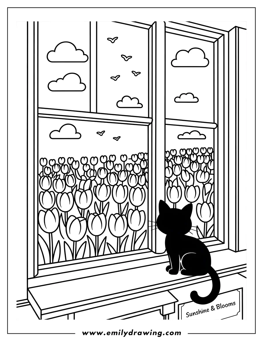 Outline of a cat sitting by a window, looking out at a field of tulips. Clouds and birds are visible in the sky.