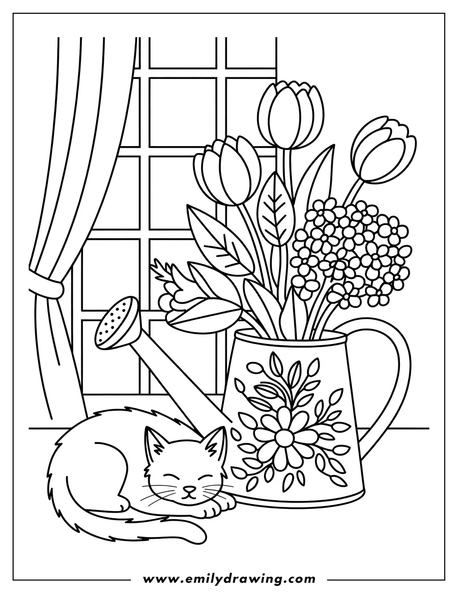 Outline of a cat sleeping next to a watering can filled with tulips and other small flowers, set by a window with curtains.