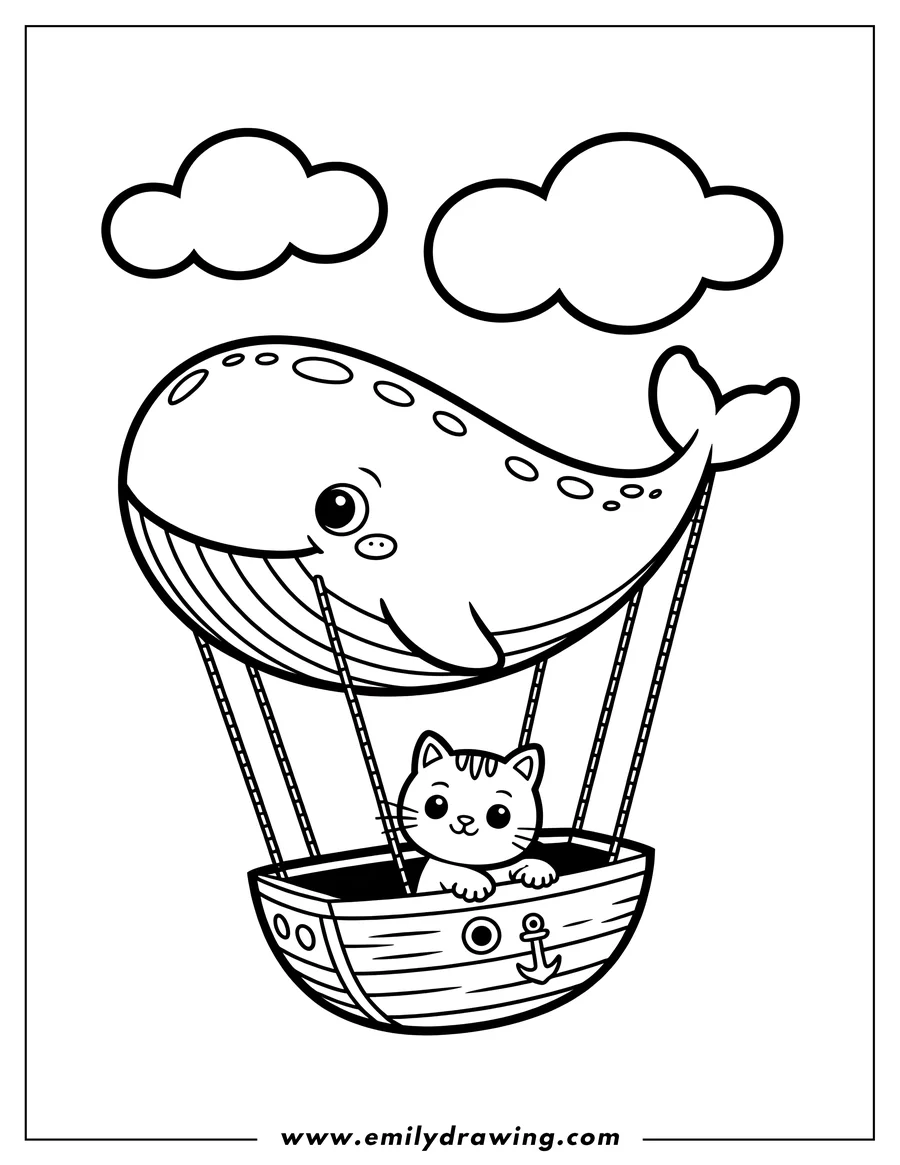 Outline of a cat riding in a hot air balloon shaped like a whale, floating among clouds.
