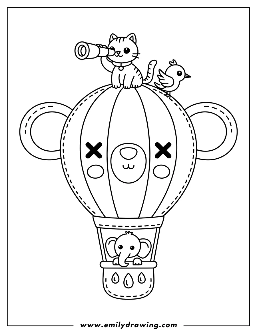 Outline of a cat with binoculars, a bird, and an elephant riding in a hot air balloon.