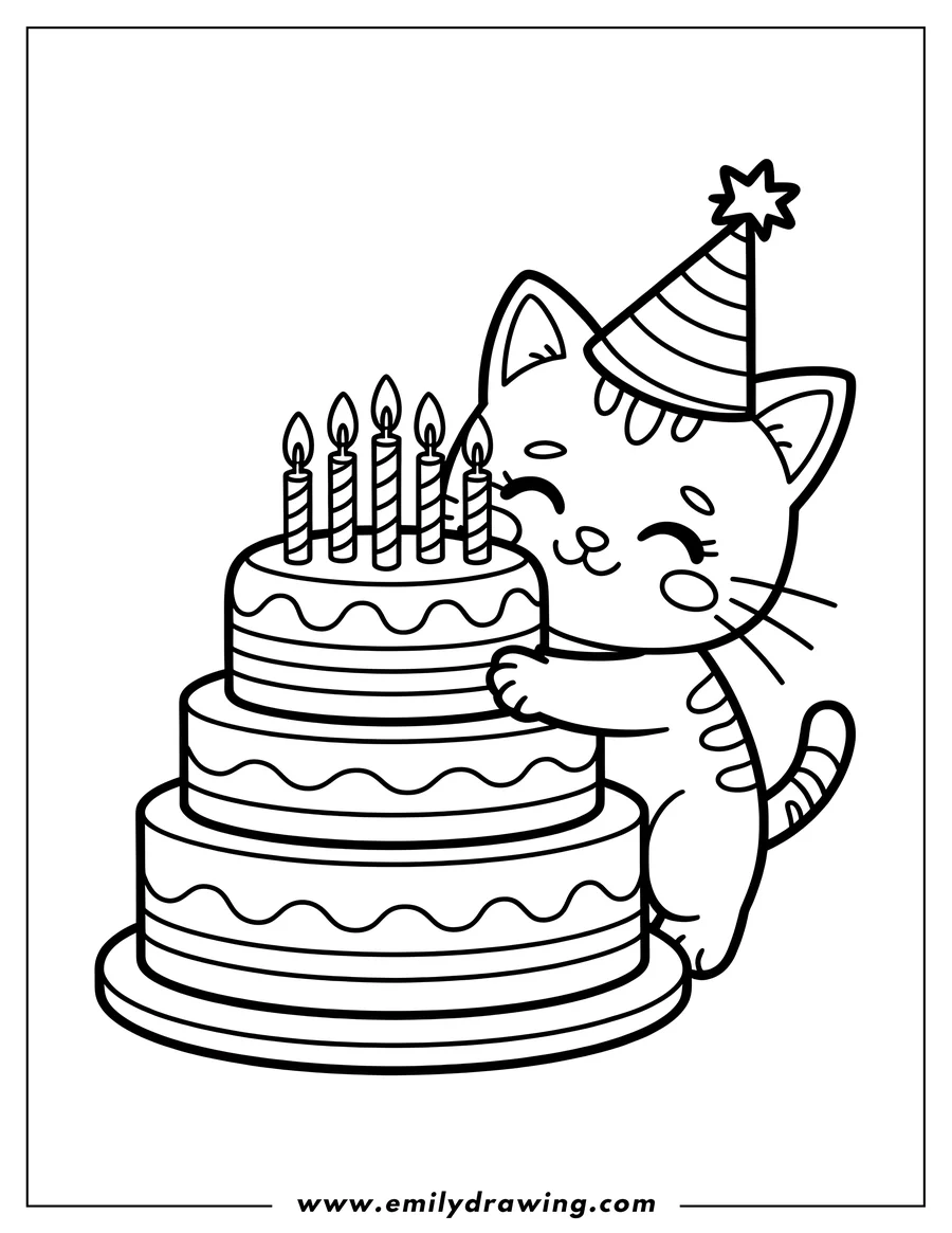 Outline of a cat wearing a party hat, standing next to a three-tiered birthday cake with lit candles.