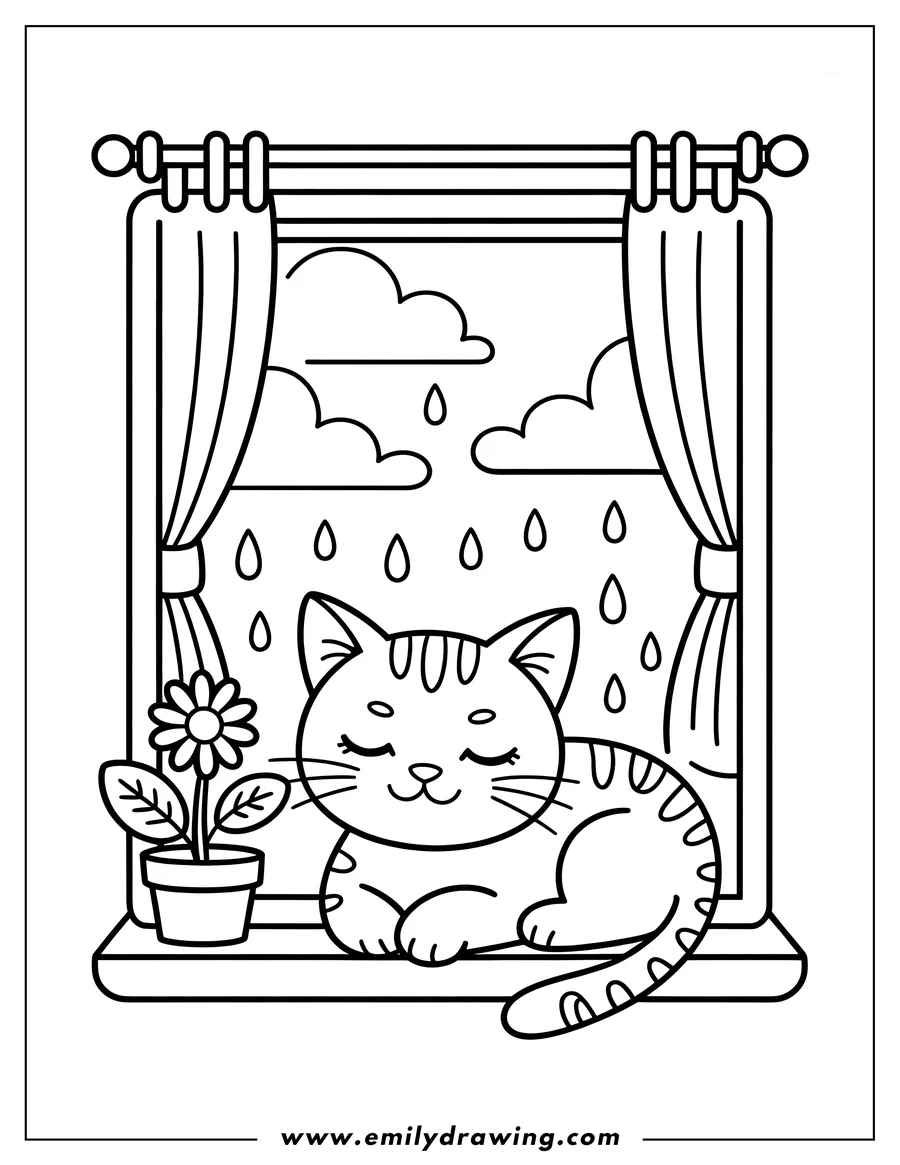 Outline of a cat sitting on a windowsill, a potted flower beside it, with rain falling outside.