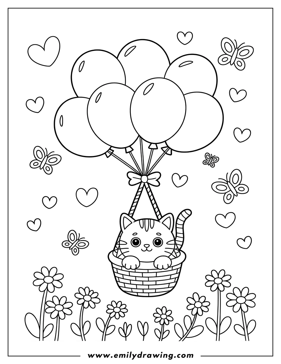 Outline of a cat sitting in a basket lifted by balloons, with butterflies, hearts, and flowers surrounding the scene.