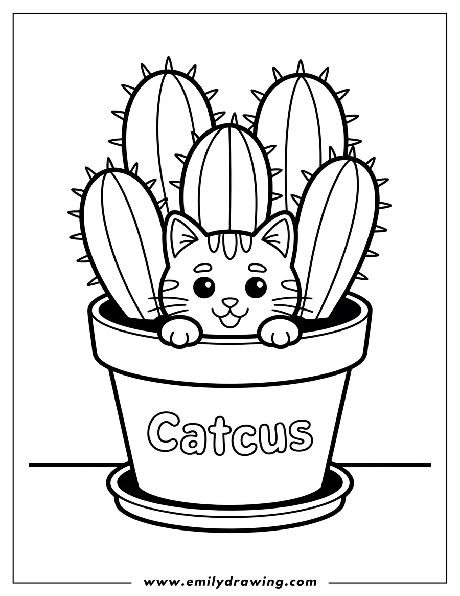 Outline of a cat peeking out from a terracotta pot filled with three cacti.