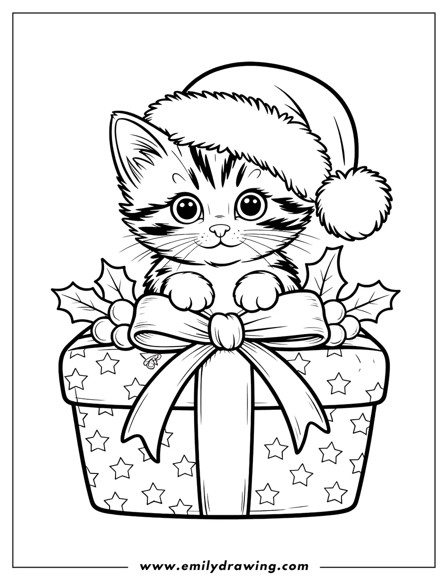 Line art of a cat wearing a Santa hat peeking out of a Christmas present decorated with a bow, holly, and berries.