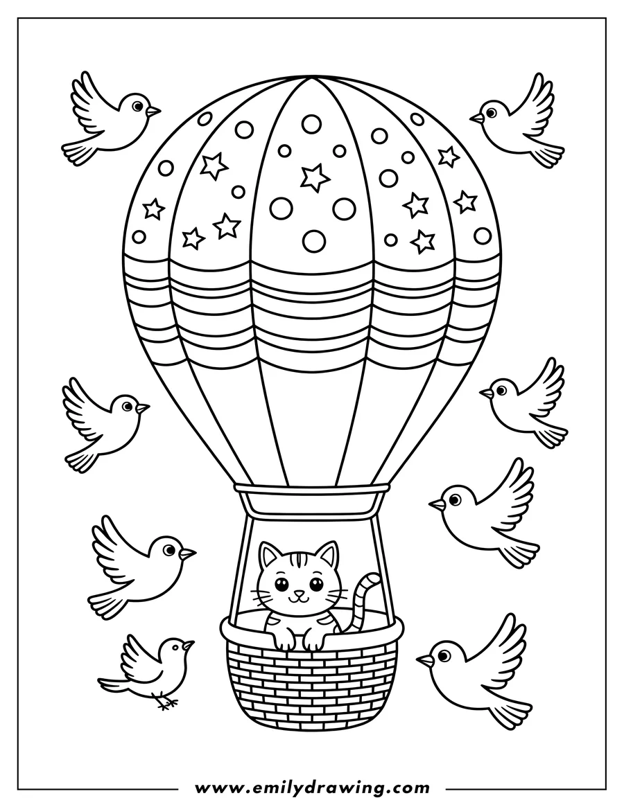 Outline of a cat riding in a hot air balloon basket, surrounded by several small birds.