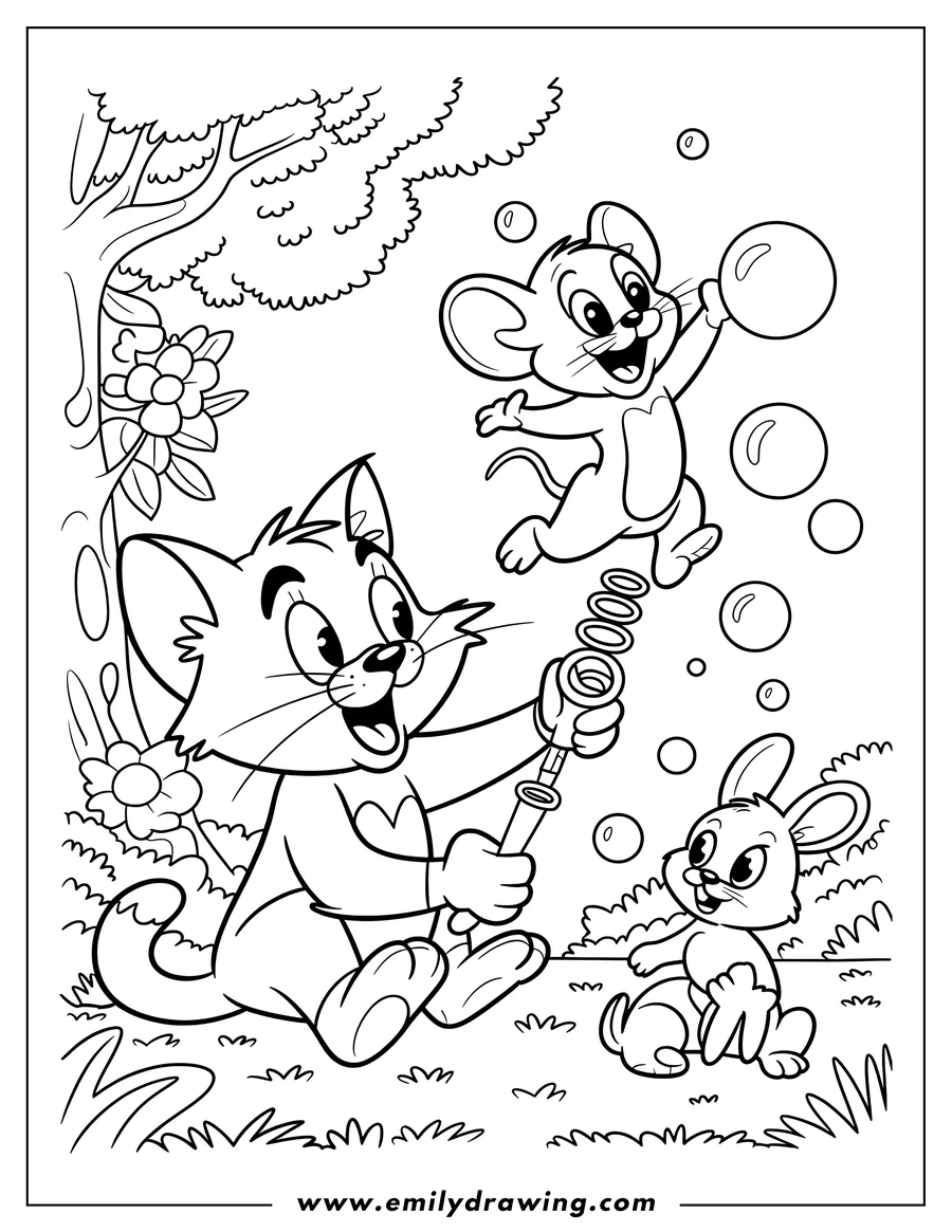 Line art of a cat blowing bubbles with a mouse floating among them and a rabbit watching. The scene is set outdoors with grass, flowers and a tree in the background.