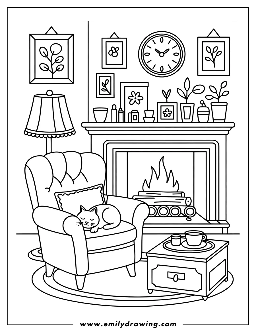 Outline of a cat napping in an armchair next to a fireplace. A cup and saucer sit on a small table nearby, and potted plants and framed artwork decorate the mantelpiece above the fire.