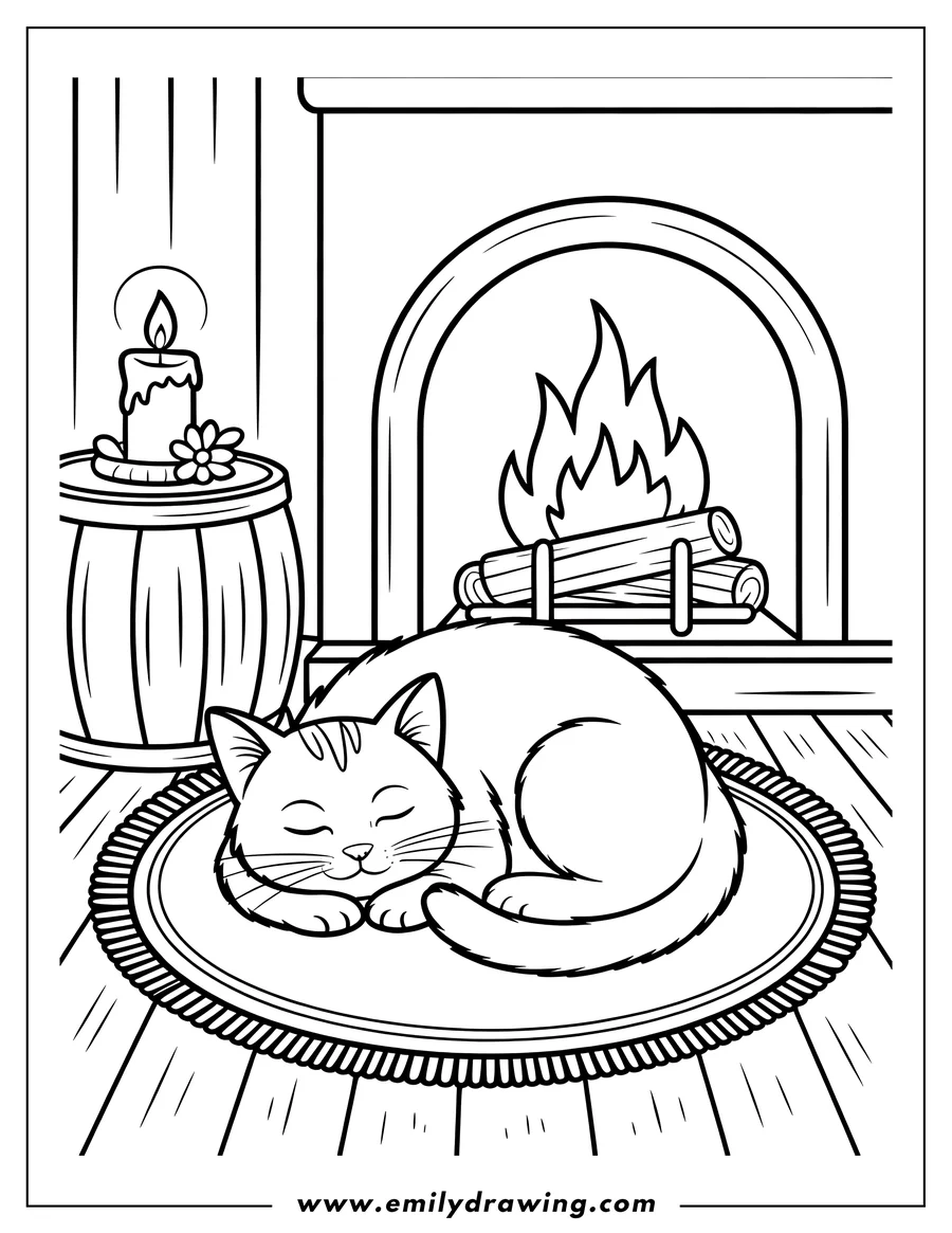 Outline of a cat napping peacefully on a rug in front of a fireplace with a lit candle nearby.