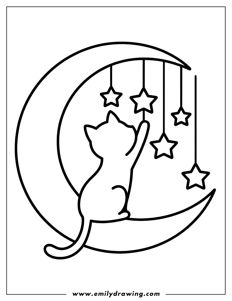 Outline of a cat sitting on the crescent moon, reaching up to touch hanging stars.