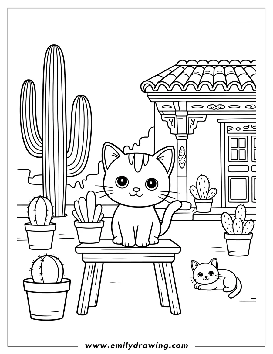 Outline of two cats near a house with cacti and potted plants. One cat sits on a small wooden stool, while the other rests on the ground.