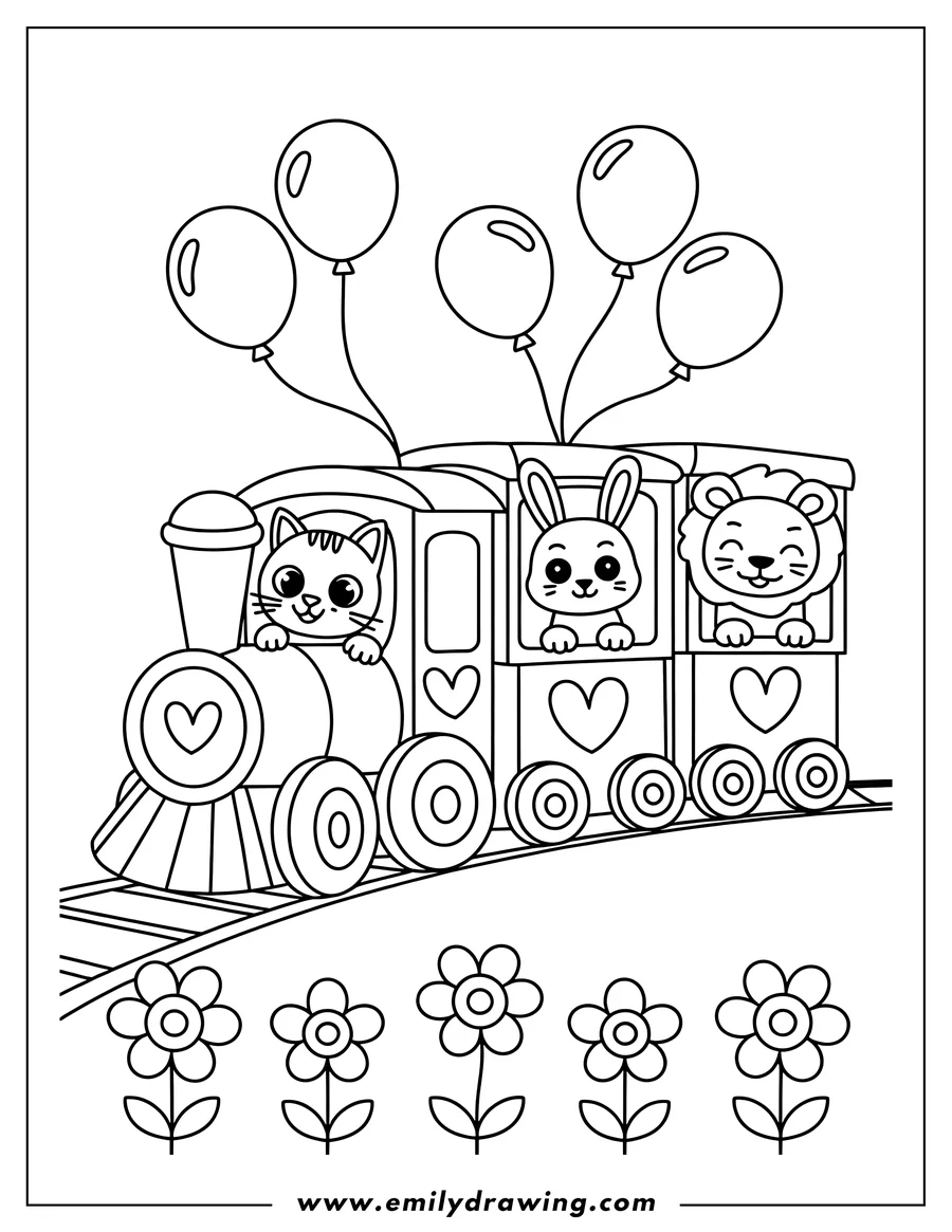 Line art of a train with a cat driving, and a rabbit and lion as passengers. The train has balloons attached to it and there are flowers along the tracks.