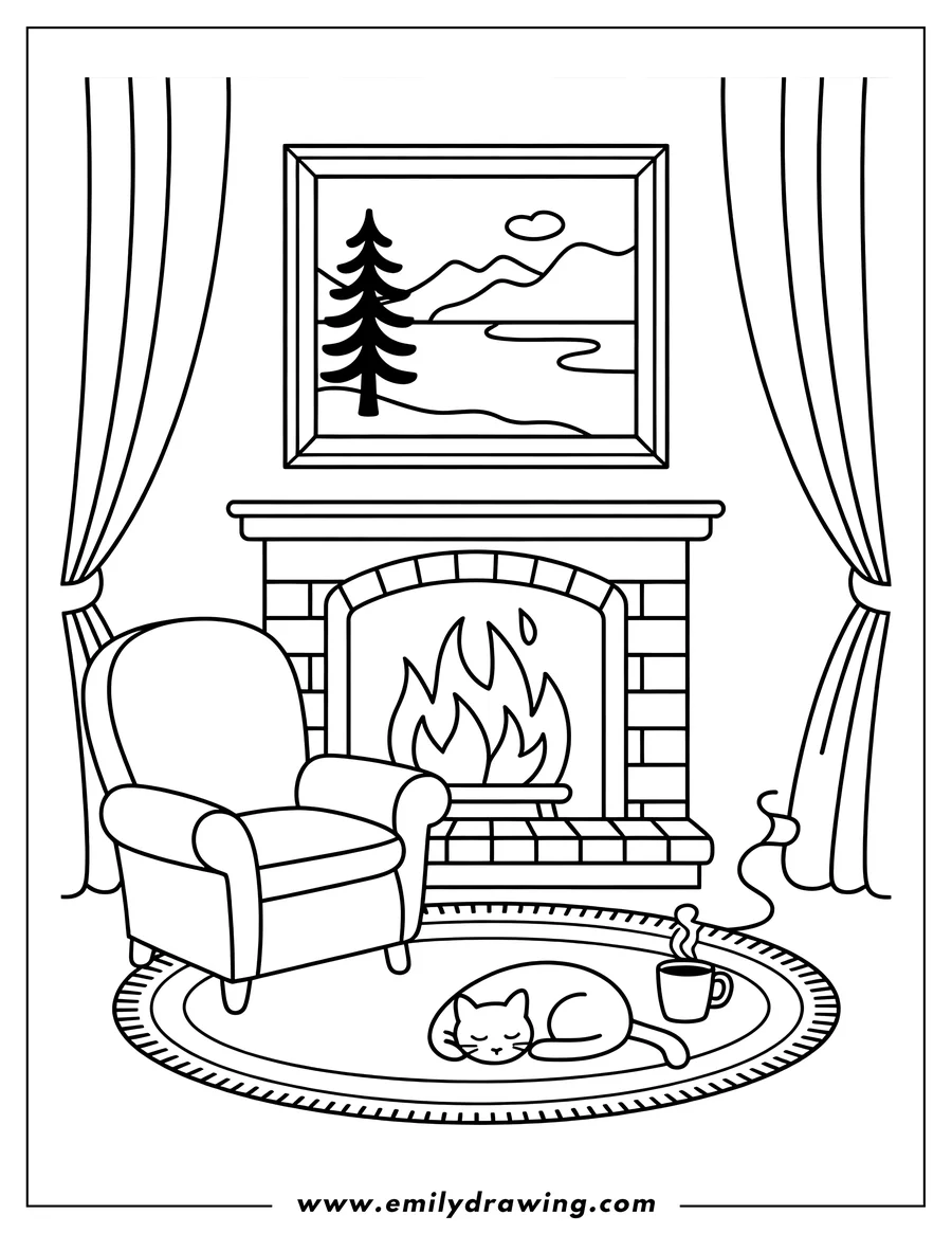 Outline of a cat sleeping on a rug by a fireplace. An armchair and steaming mug are also present, creating a cozy scene. A framed picture of a tree and mountains hangs above the fireplace.