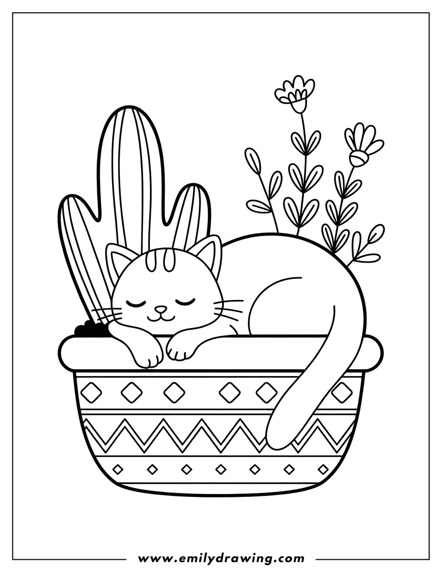 Outline of a cat sleeping in a decorated pot with a cactus and flowers.