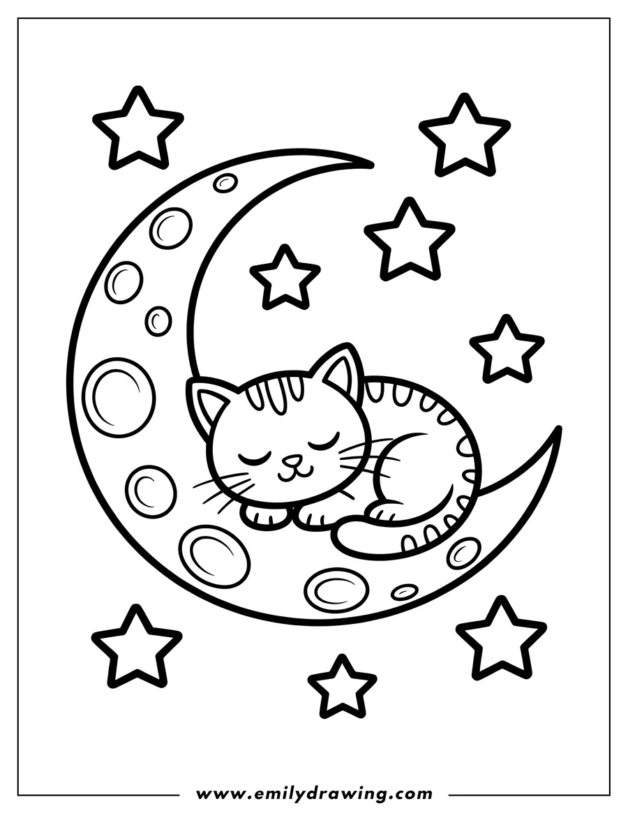 Outline of a cat sleeping peacefully on the crescent moon, surrounded by stars.