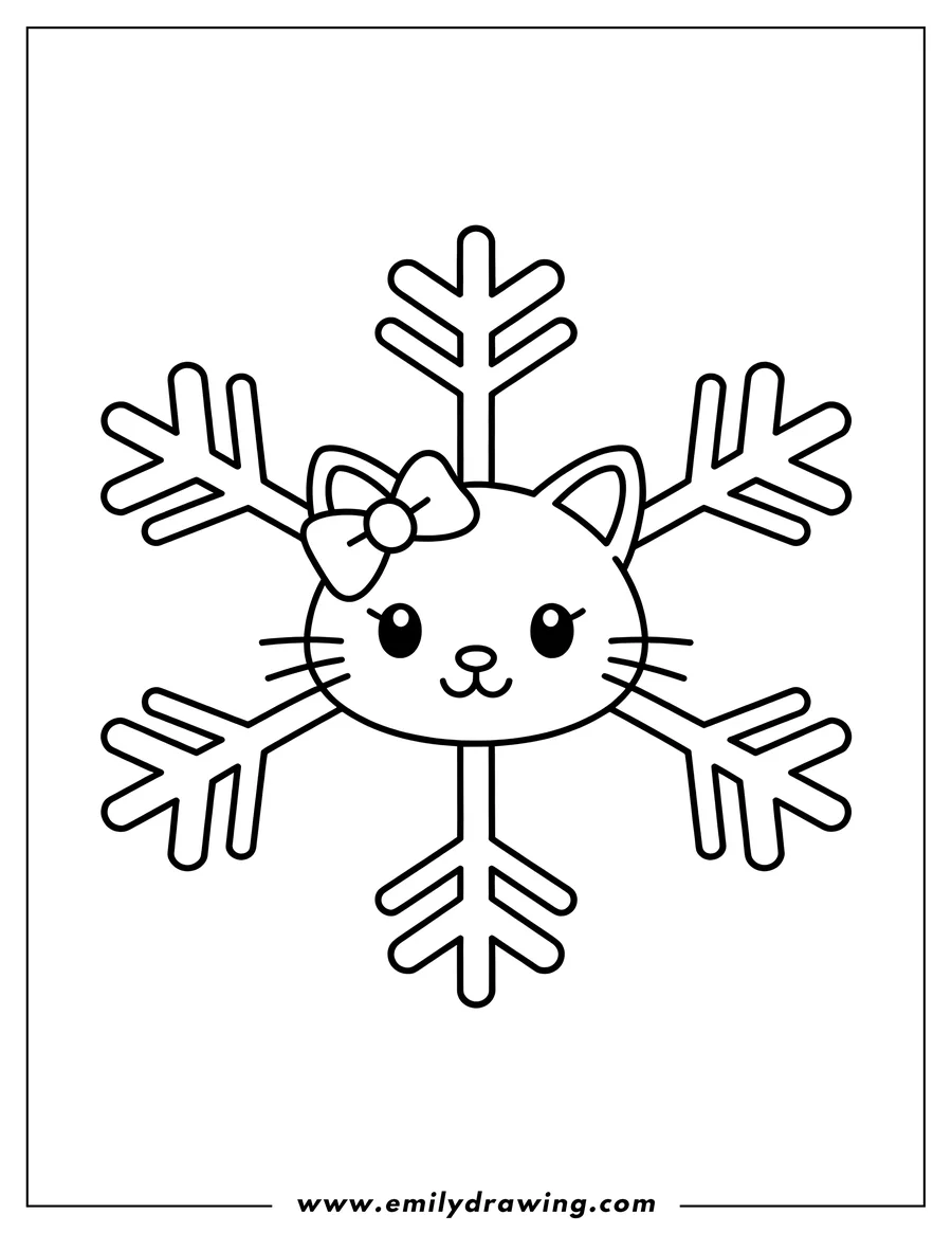 Outline of a cat's face inside a snowflake shape, ready to be colored. The cat has a cute bow.