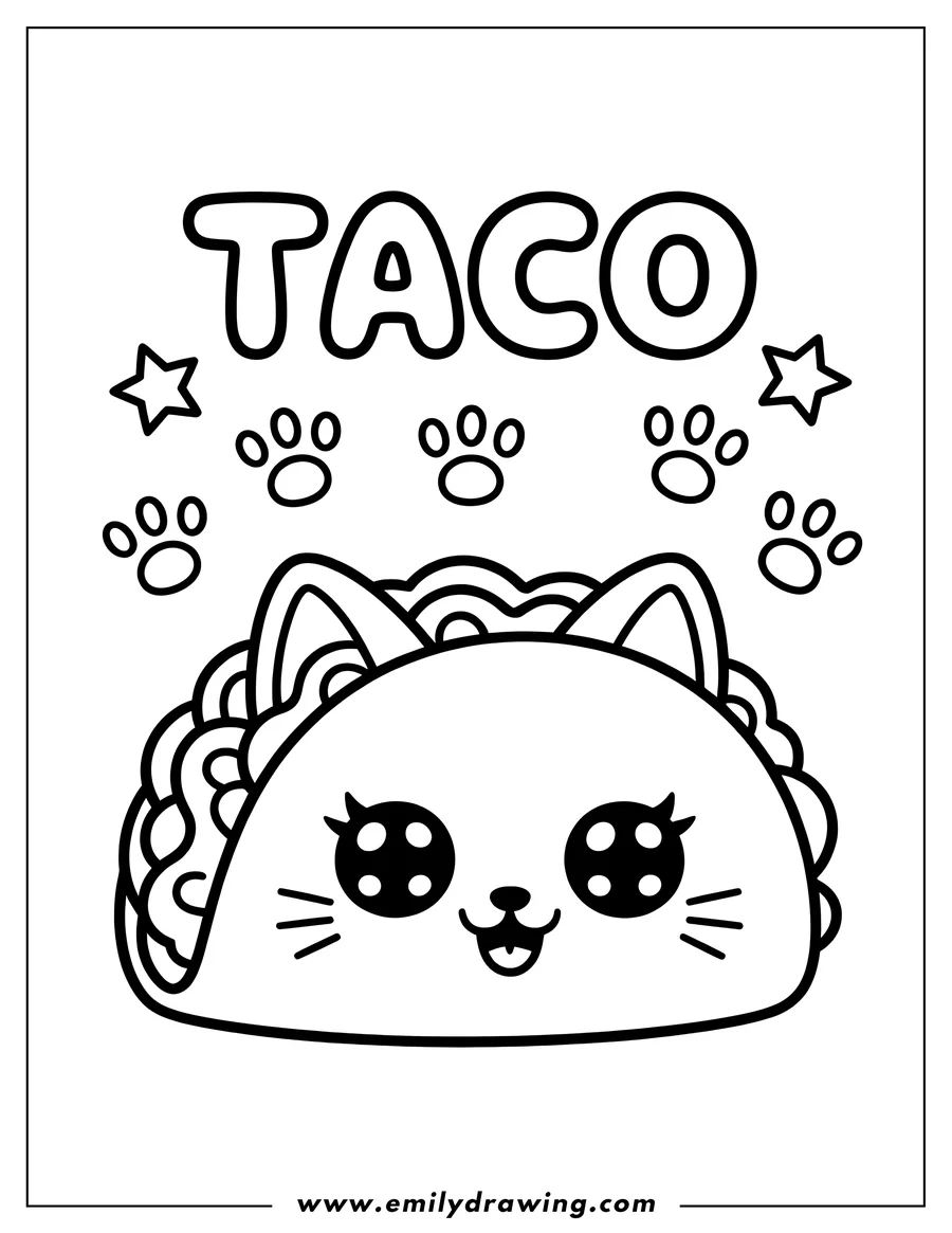 Outline of a cat-shaped taco with cute, large eyes, small whiskers, and a happy smile. The word