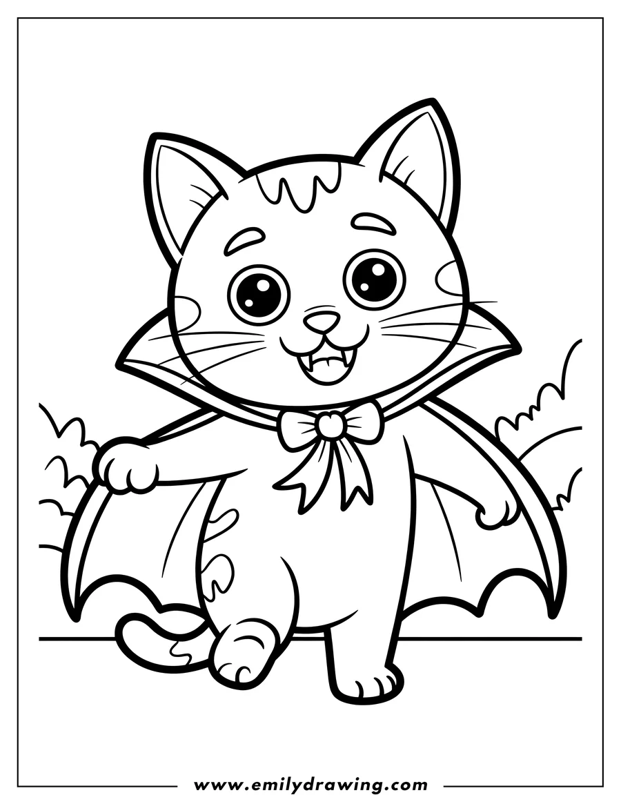 Line art of a smiling cat wearing a vampire cape and a bow tie.