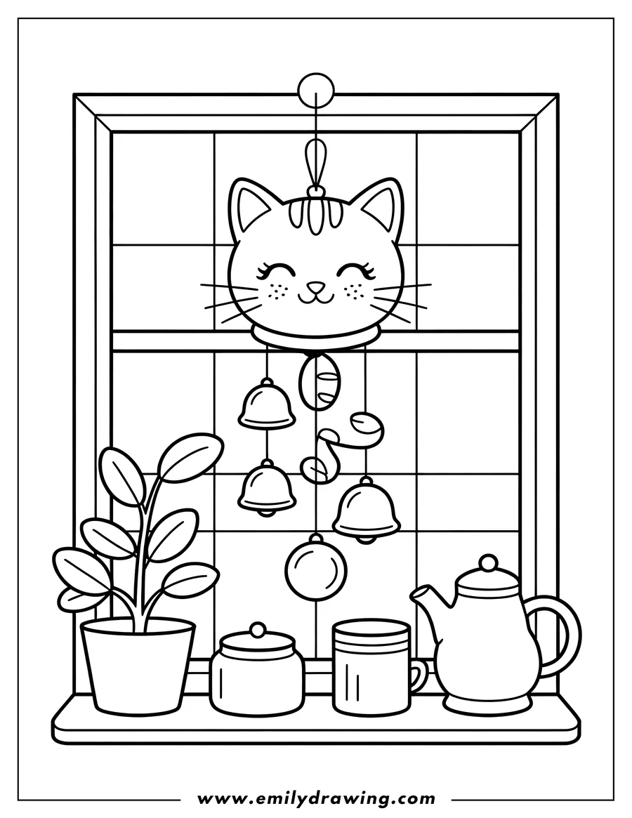 Line art of a cat wind chime hanging in a window. A potted plant, jar, mug, and teapot sit on the window sill.