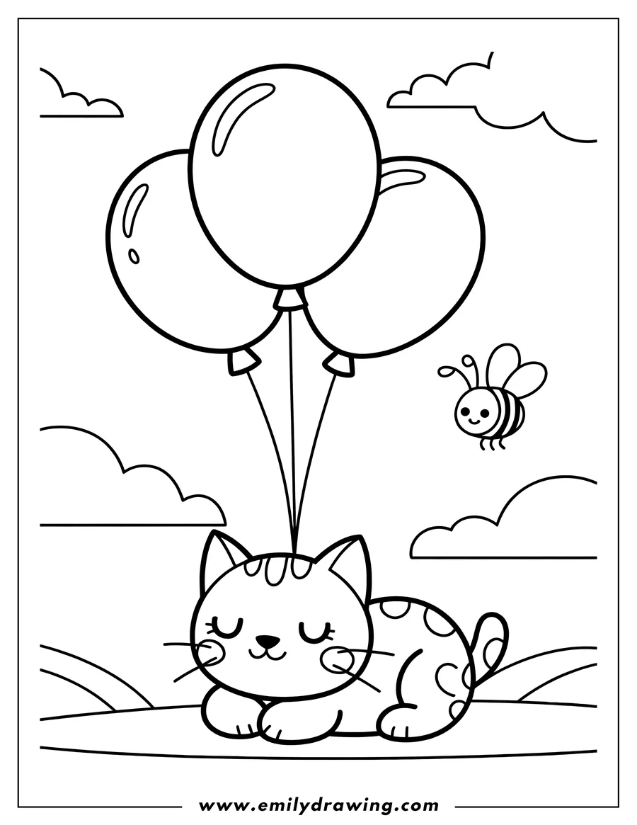 Outline of a cat lying down with three balloons tied to its back. A bee flies nearby.