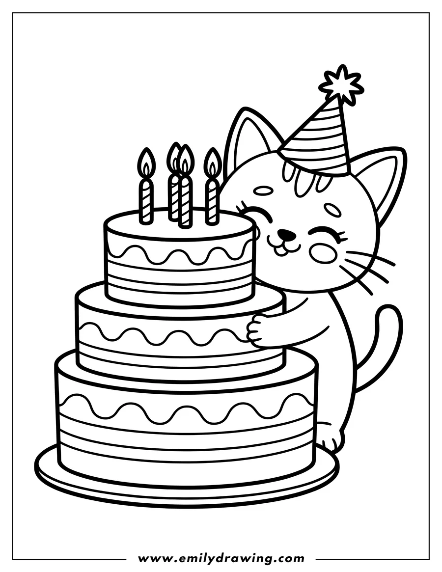 Outline of a cat wearing a party hat and hugging a three-tiered birthday cake with candles.