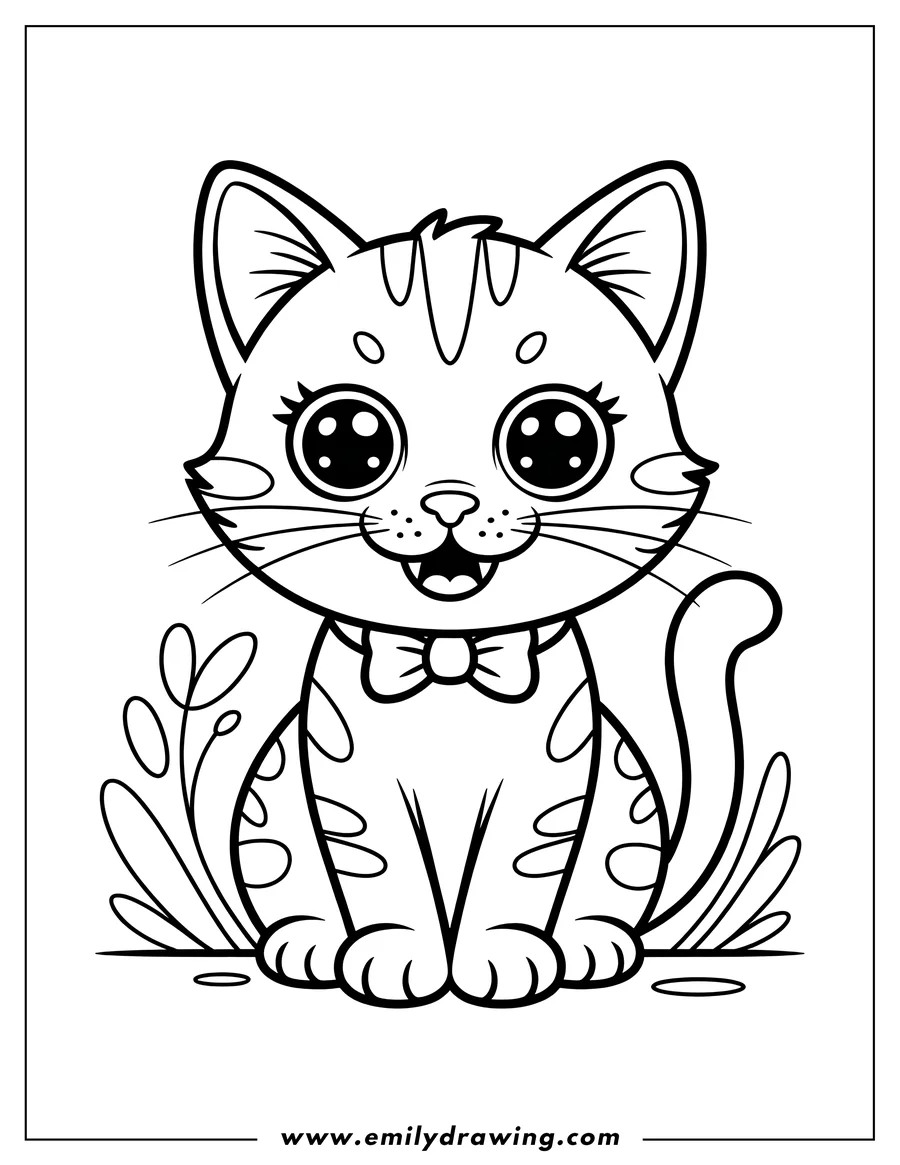 Outline of a cute cat wearing a bow tie, sitting with plants behind it.