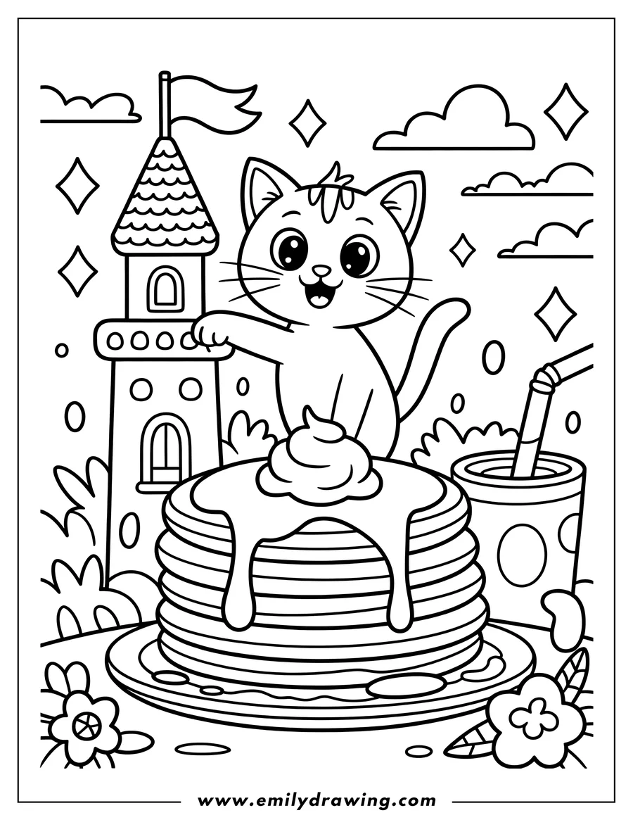 Outline of a cat with a stack of pancakes, syrup, a drink with a straw and a castle in the background.