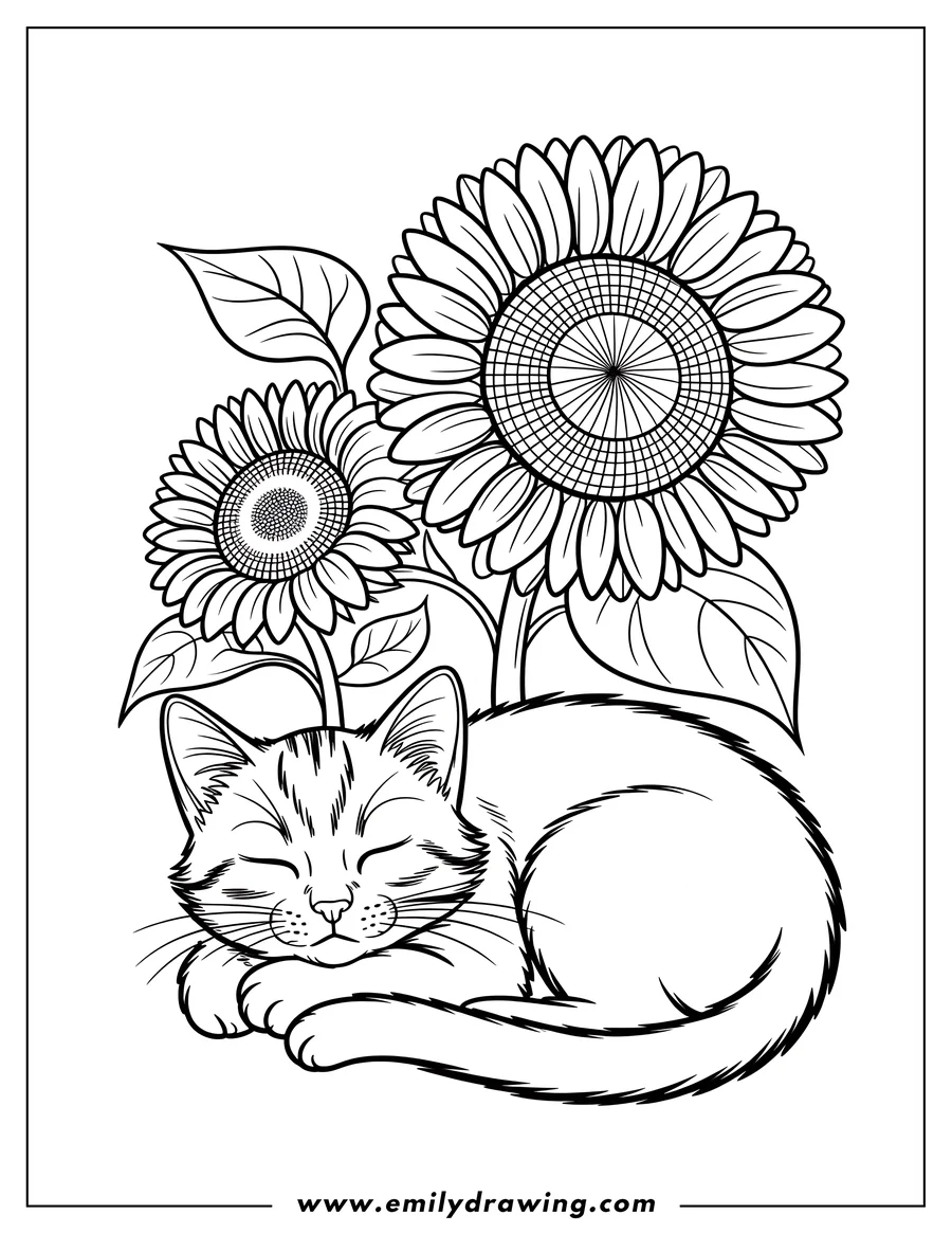 Outline of a cat sleeping peacefully near sunflowers.