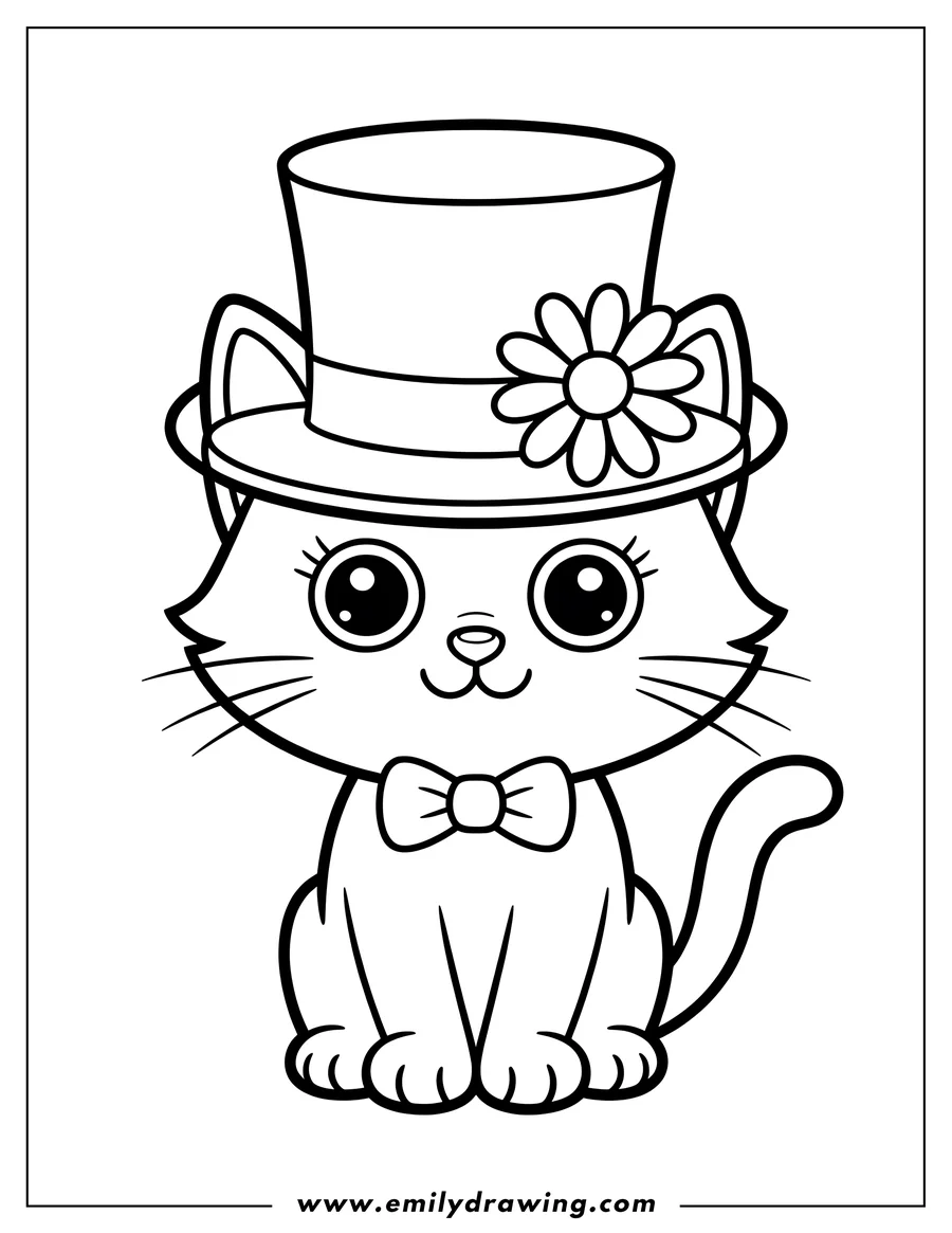 Outline of a cat wearing a top hat with a flower on it and a bow tie.