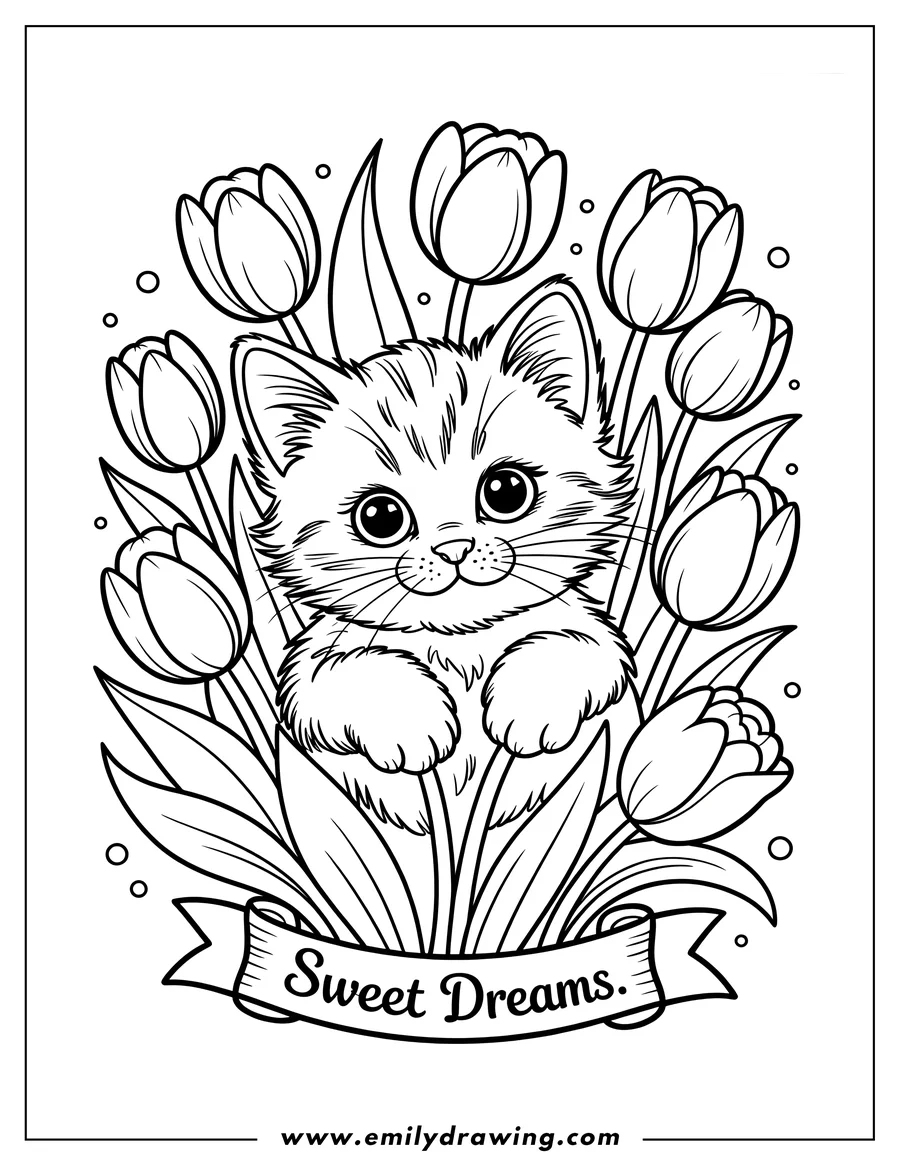 Outline of a cat surrounded by tulips, with a banner reading