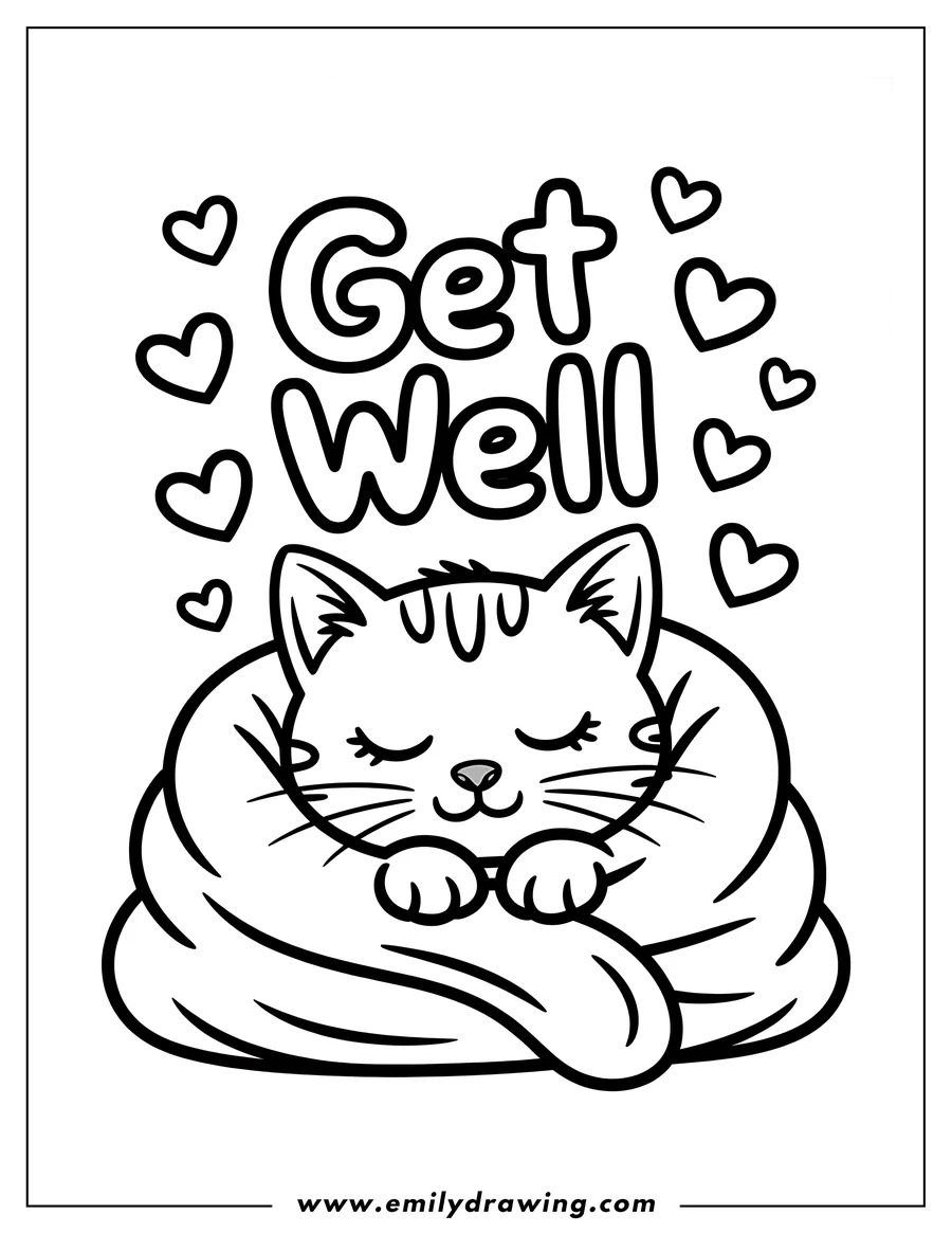 Line art of a cat wrapped in a blanket with the words 'Get Well' and several hearts surrounding it.