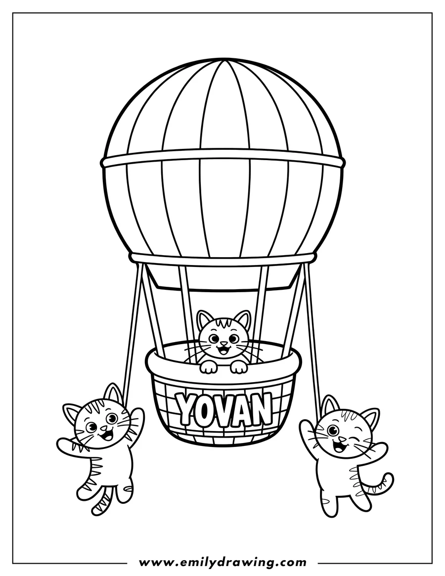 Outline of three cats enjoying a hot air balloon ride. One cat sits in the basket, while the other two hang onto ropes, swinging below.