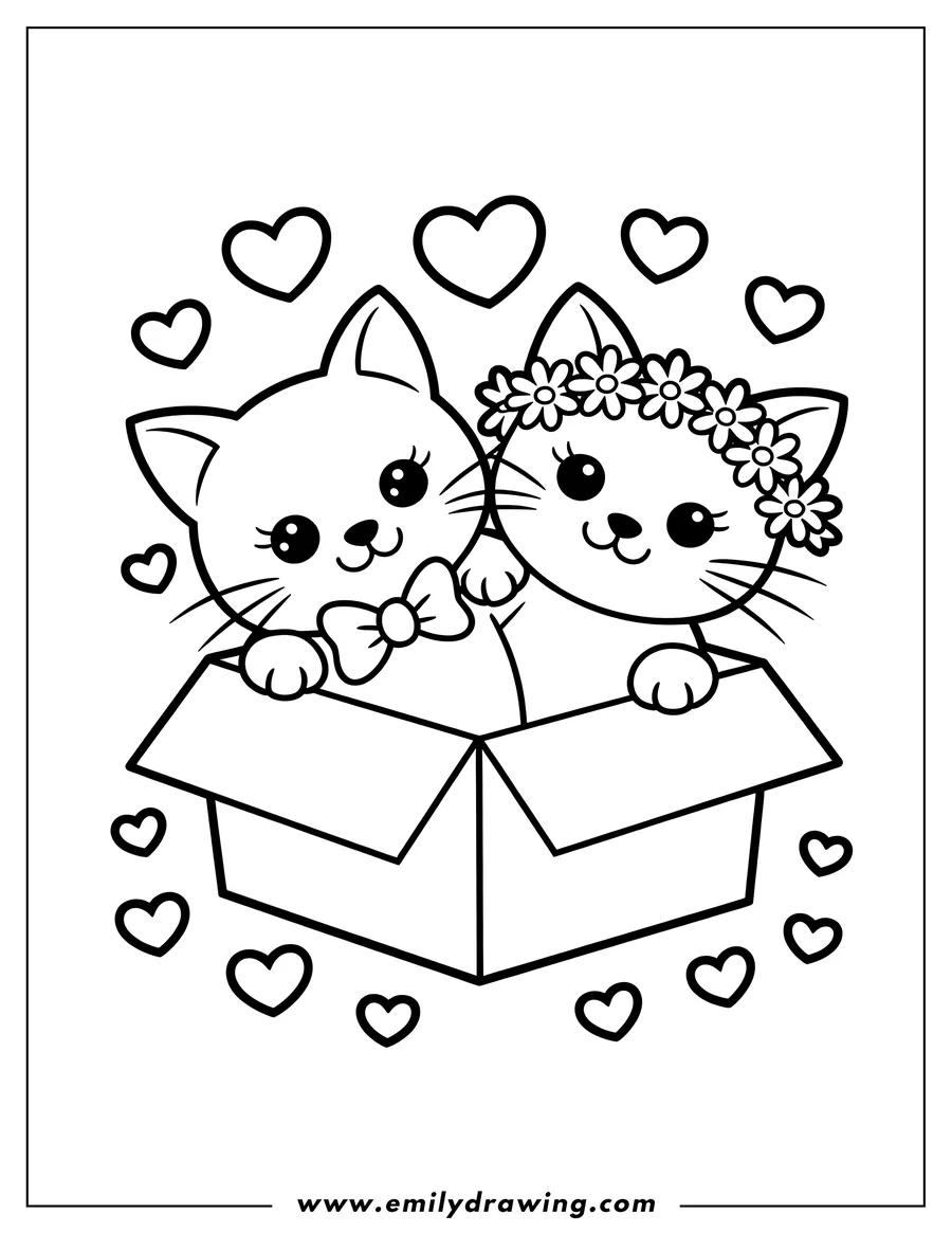 Outline of two cats in a box, one with a bow tie and the other with a flower crown, surrounded by hearts, suggesting a wedding theme.