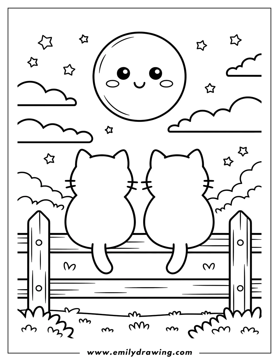 Outline of two cats sitting on a wooden fence at night, gazing at a smiling moon and stars.
