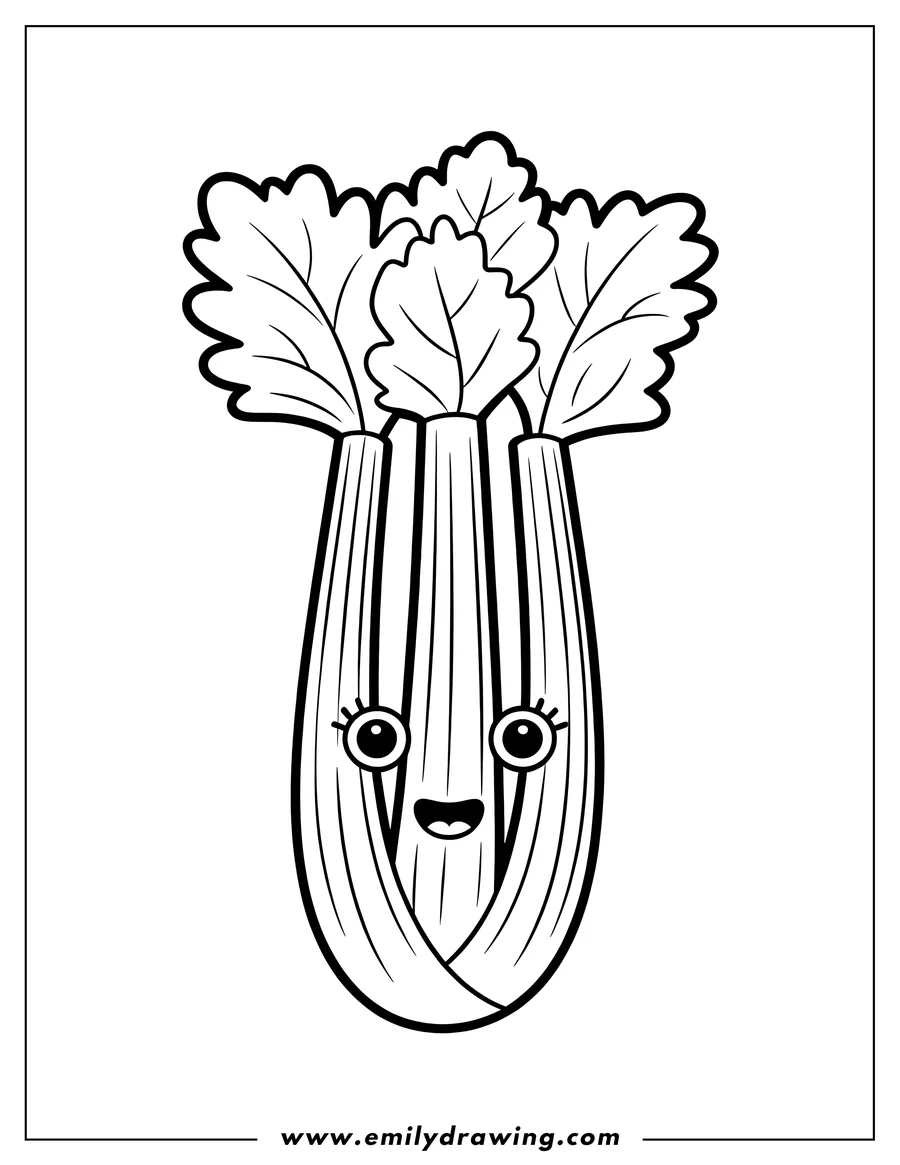 Line art of a celery stalk with leaves. It has a cute, smiling face.
