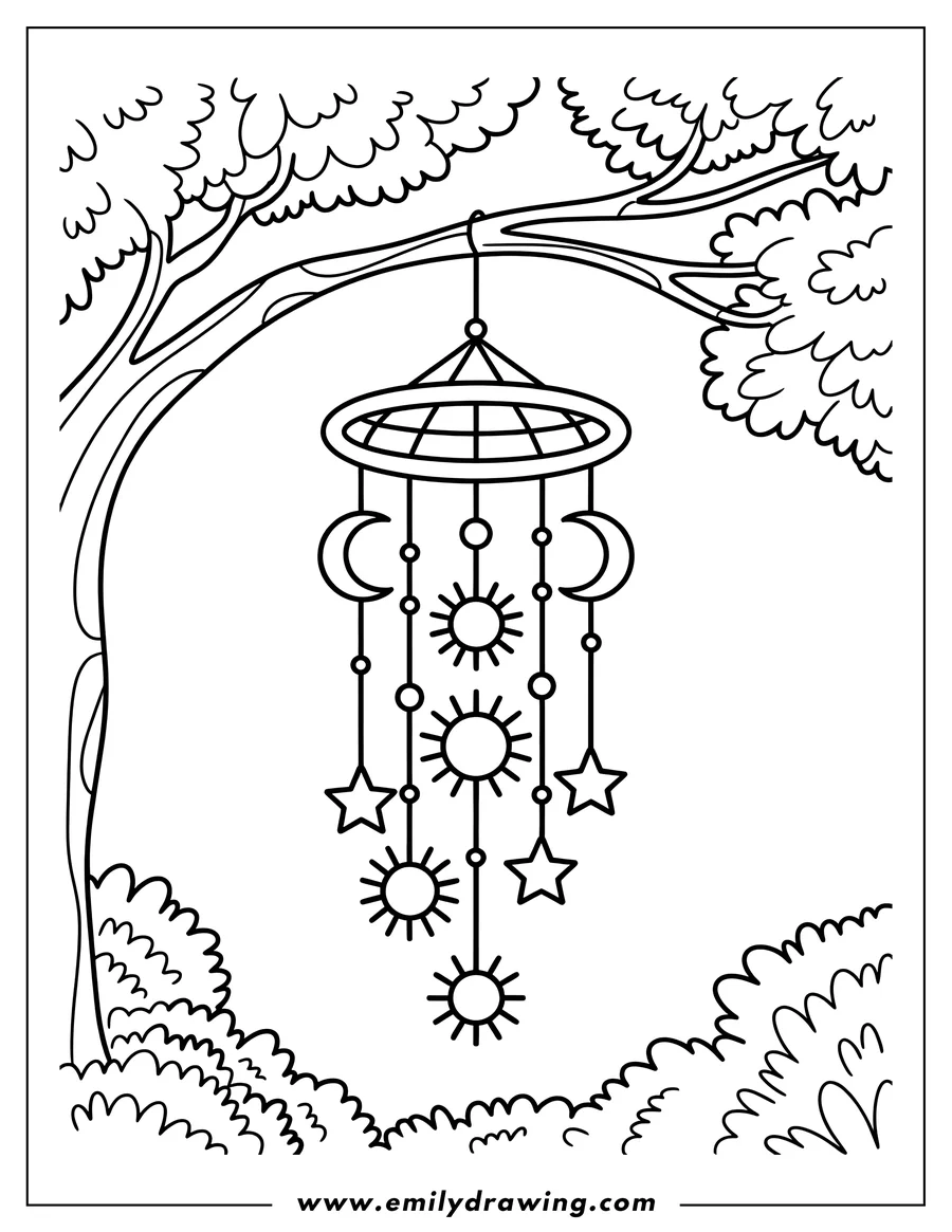 Outline of a wind chime with celestial charms like suns, moons, and stars, hanging from a tree branch.