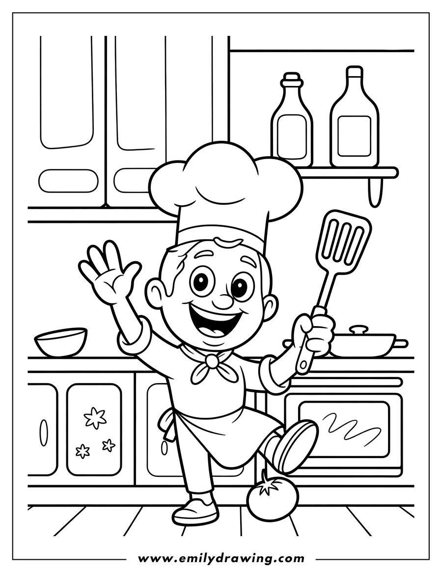 Line art of a cheerful chef cooking in a kitchen. He wears a chef's hat and apron and holds a spatula, with a pan on the stove and ingredients nearby. A tomato lies on the floor at his feet.