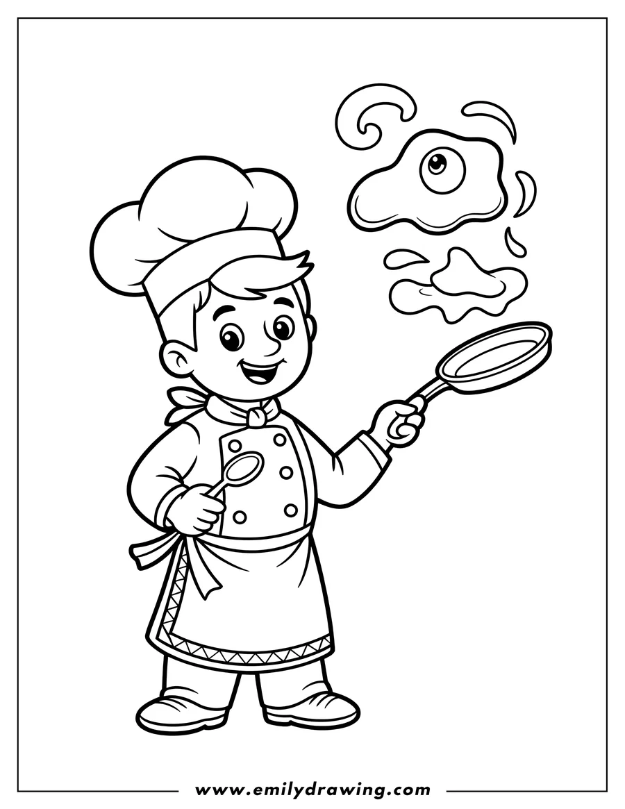 Line art of a chef flipping a pancake in a frying pan. The pancake has a single large eye, giving it a playful monster-like appearance. The chef is smiling and holding a spoon in his other hand.