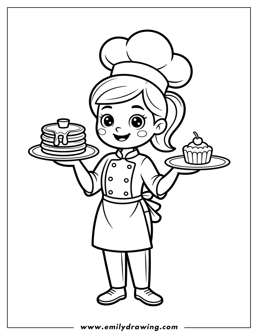Line art of a chef holding plates of pancakes and a cupcake