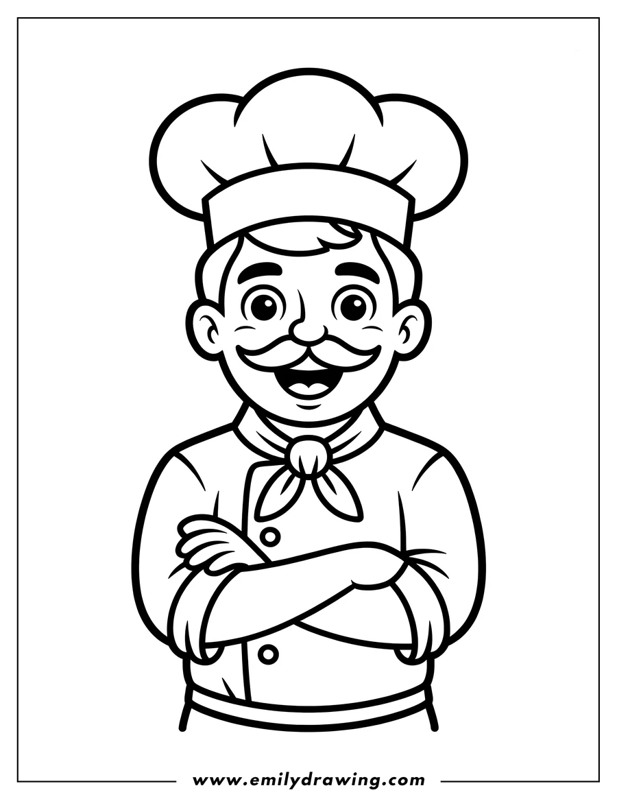 Outline of a friendly chef with his arms crossed, wearing a chef's hat and uniform. He has a large mustache and a cheerful expression.