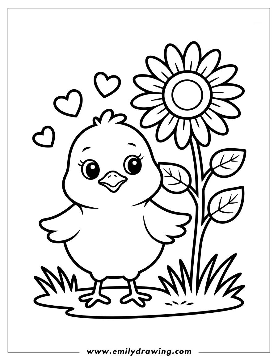 Outline of a small chick standing near a tall sunflower with hearts floating above