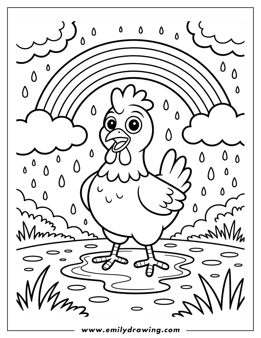 Outline of a chicken standing in puddles with a rainbow in the background. Rain is falling.