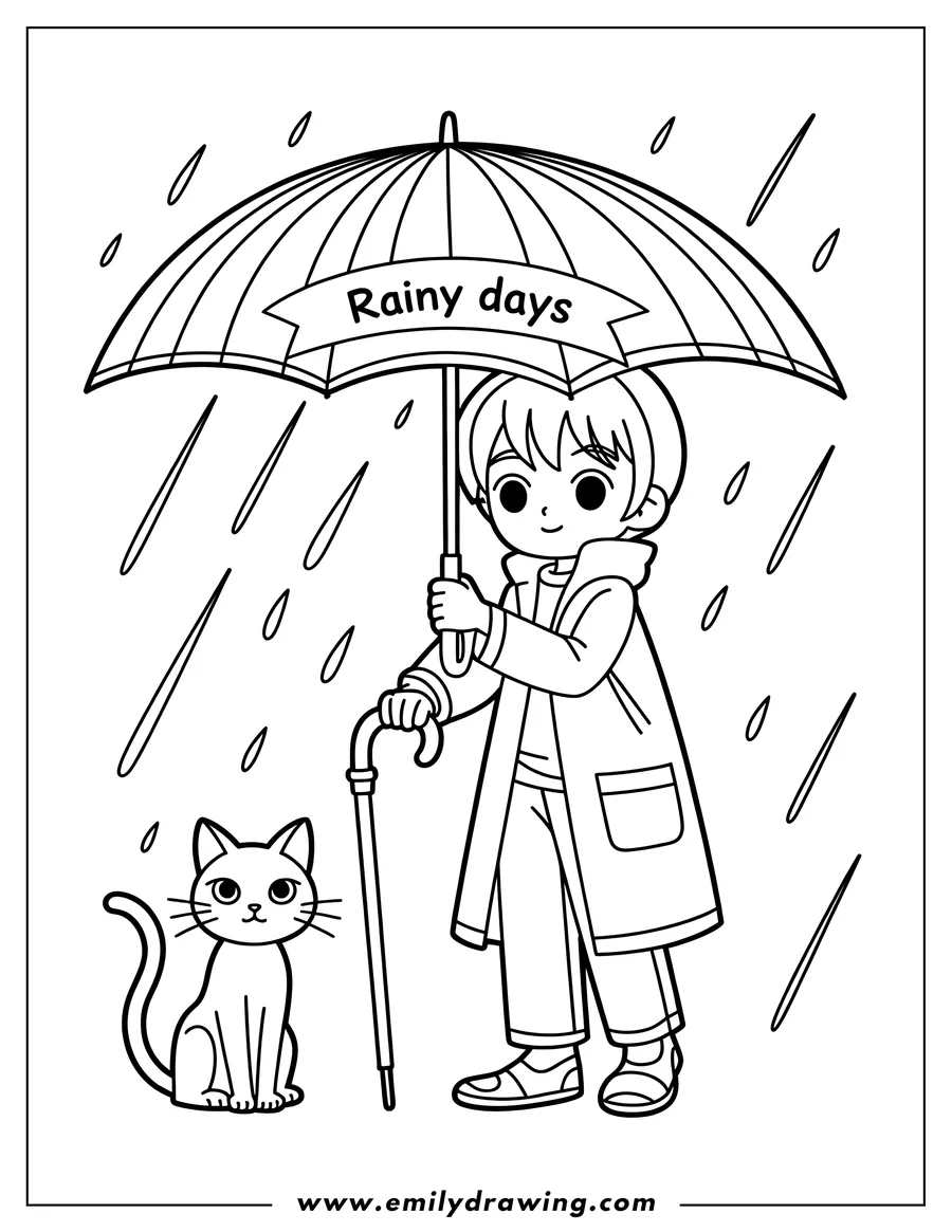 Line art of a child holding an umbrella in the rain with a cat sitting next to them.