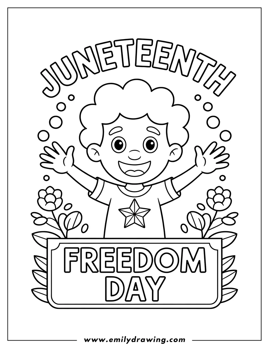 Line art of a cheerful child with arms outstretched celebrating Juneteenth. The child wears a shirt with a star and stands behind a sign reading 'Freedom Day', surrounded by simple flowers.