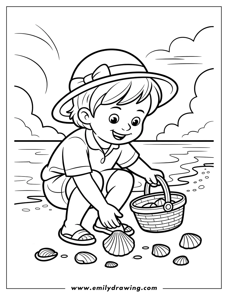 Line art of a child wearing a sun hat and sandals, collecting seashells on the beach. They are picking up a large scallop shell and placing it in a basket already containing other shells.